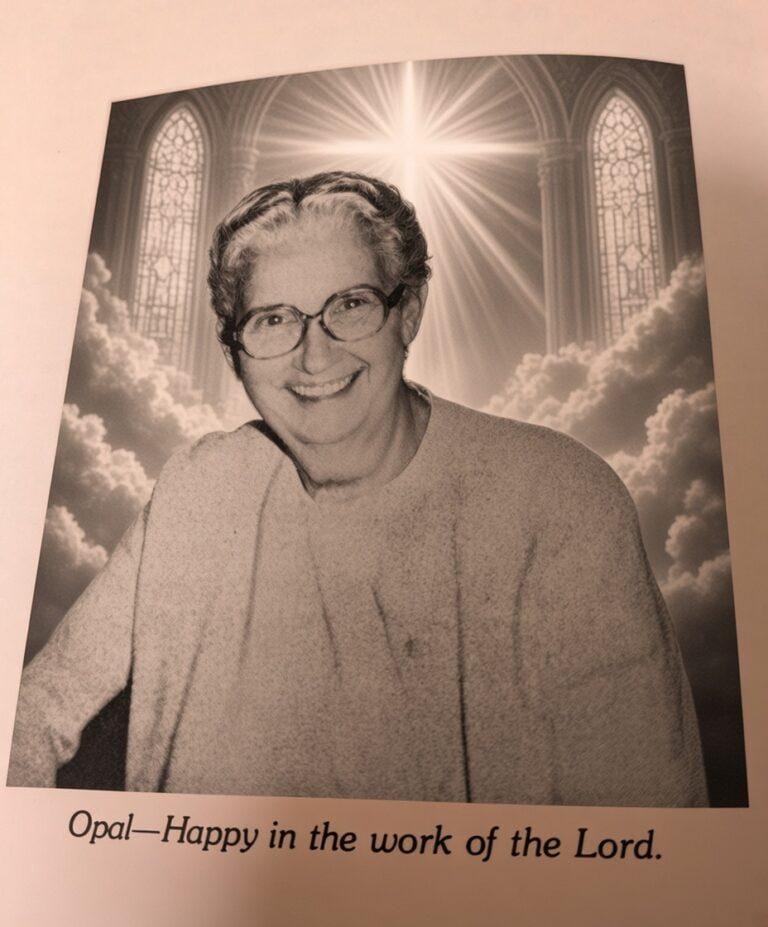Sister Opal Helphinstine smiling in front of a heavenly scene with stained glass windows.
