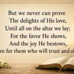 Bible verse about trust and obey, with a cross and lilies.