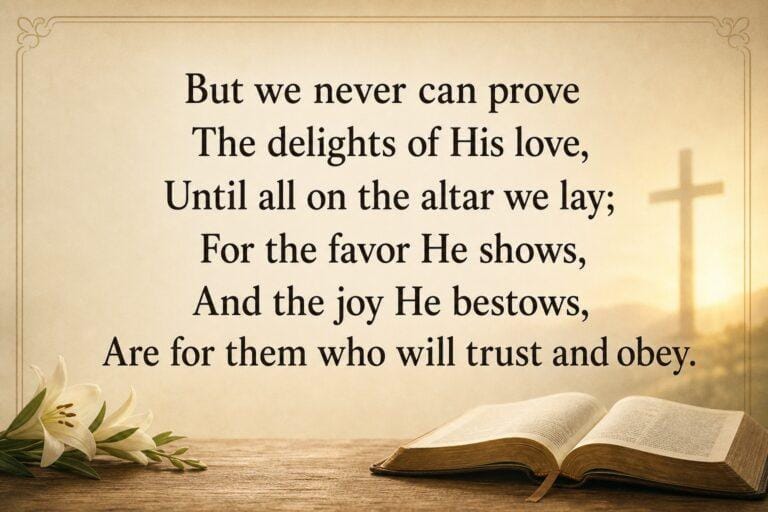 Bible verse about trust and obey, with a cross and lilies.
