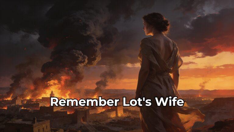 Woman looks back at burning city, text "Remember Lot's Wife