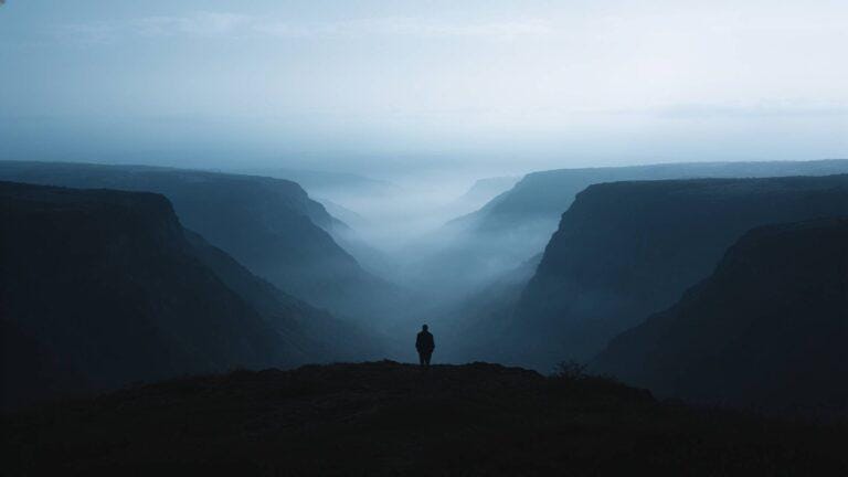 Silhouette of a lone person standing on a cliff overlooking a misty canyon.