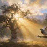 Pigeon perched on a branch in a sun-drenched forest with a majestic ancient oak tree.