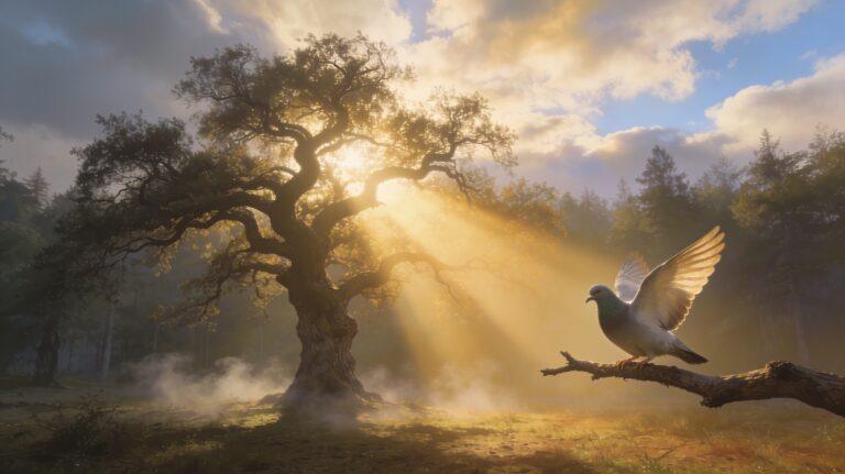 Pigeon perched on a branch in a sun-drenched forest with a majestic ancient oak tree.